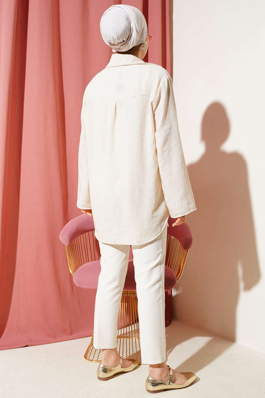 Önü Bağlama Detaylı Keten Kimono Bej