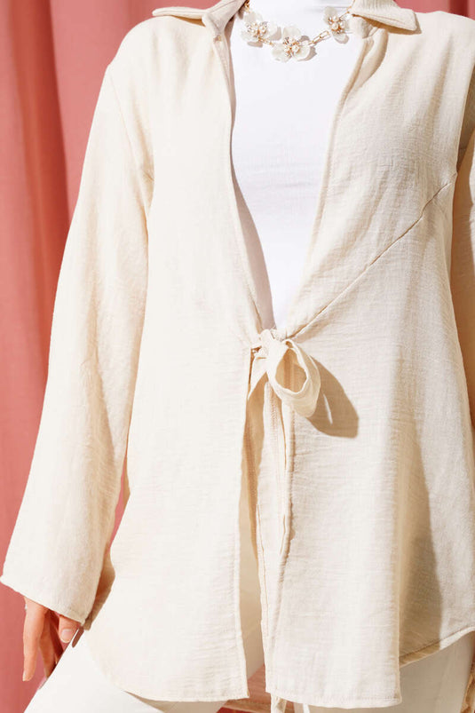 Önü Bağlama Detaylı Keten Kimono Bej
