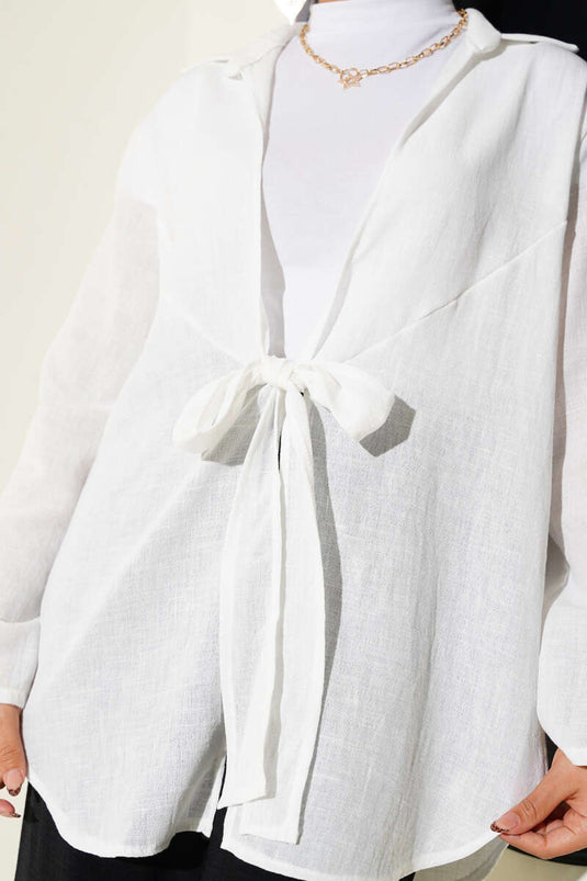 Kimono de lino con detalle de lazo delantero blanco