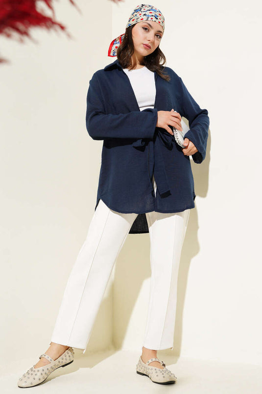 Önü Bağlama Detaylı Keten Kimono Lacivert