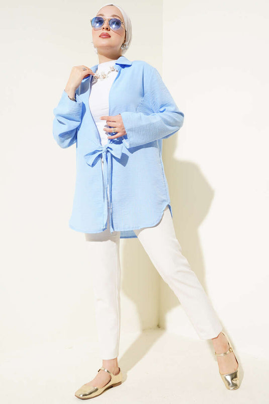 Önü Bağlama Detaylı Keten Kimono Mavi