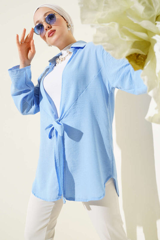 Linen Kimono with Front Tie Detail Blue