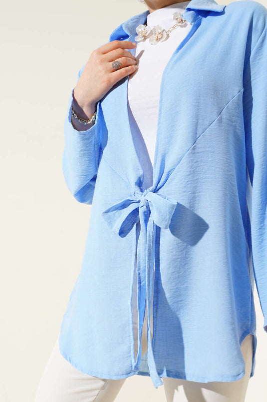Linen Kimono with Front Tie Detail Blue
