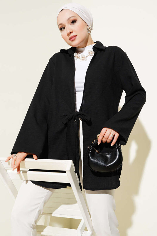 Önü Bağlama Detaylı Keten Kimono Siyah