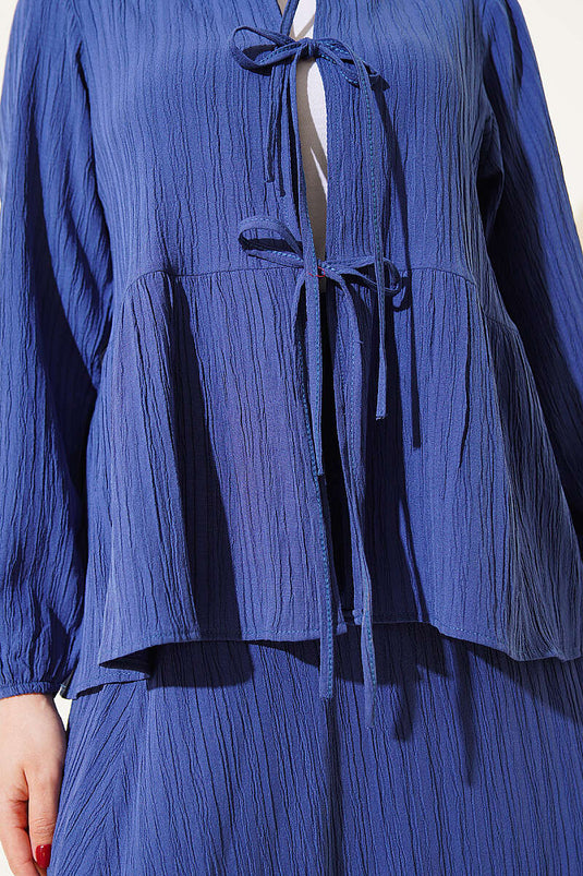 Front-Tied Bark Fabric Skirt Set Indigo