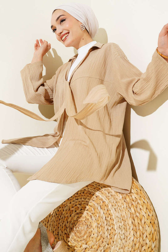 Front Tie-Up Tree Bark Kimono Latte