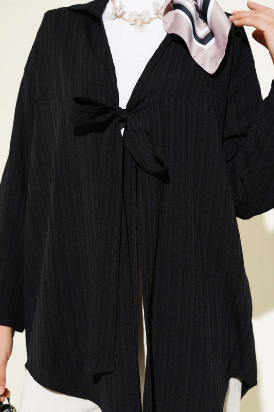 Front Tie-Up Tree Bark Kimono, Black