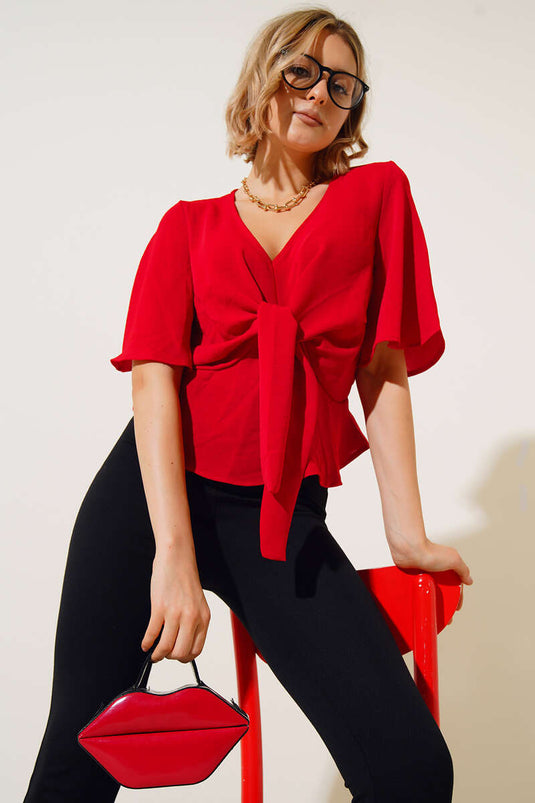 Blusa con lazo delantero Rojo