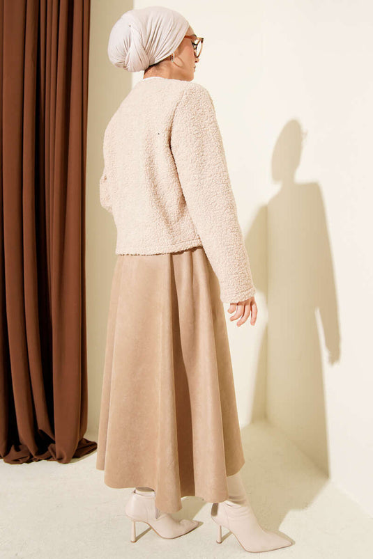 Önü Bağlamalı Buklet Kısa Kimono Bej