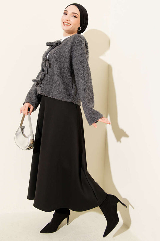 Önü Bağlamalı Buklet Kısa Kimono Füme