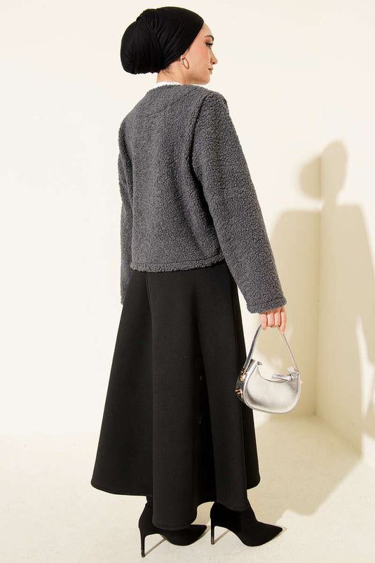 Önü Bağlamalı Buklet Kısa Kimono Füme