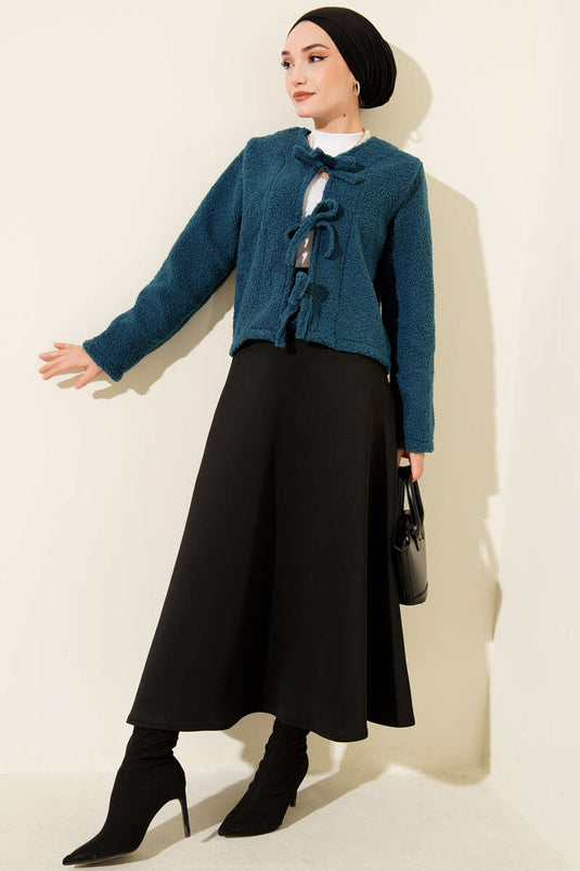 Önü Bağlamalı Buklet Kısa Kimono İndigo