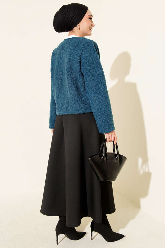 Önü Bağlamalı Buklet Kısa Kimono İndigo