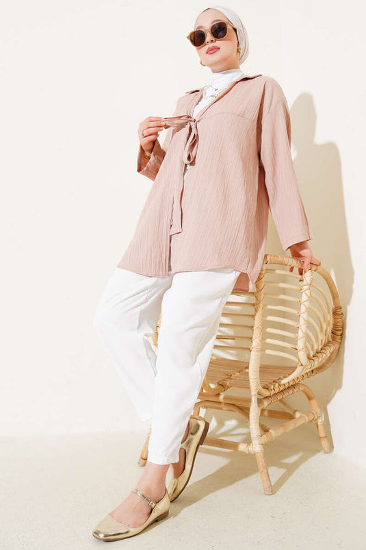 Beige Tie-Front Ruffled Kimono