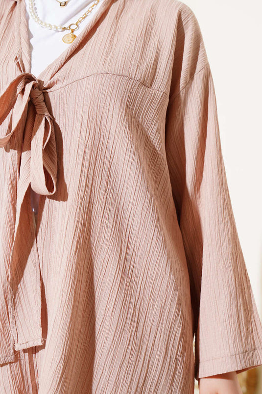 Beige Tie-Front Ruffled Kimono