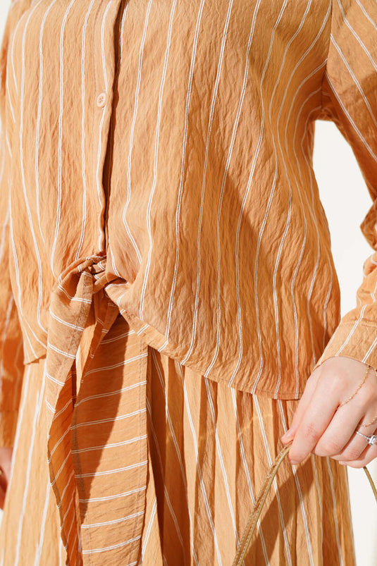Front Tied Striped Skirt Set Camel