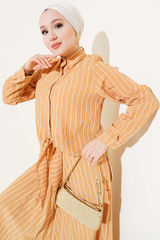 Front Tied Striped Skirt Set Camel