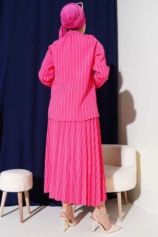 Fuchsia Set with Tied Front and Striped Skirt