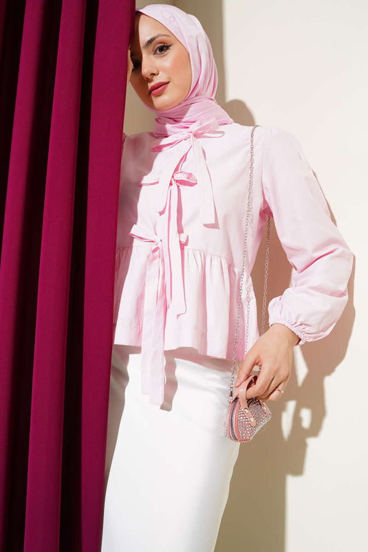 Front Tie Ruffle Short Shirt Pink