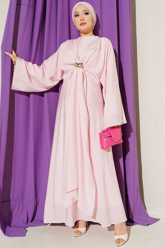Önü Bağlamalı Gold Tokalı Elbise Pembe