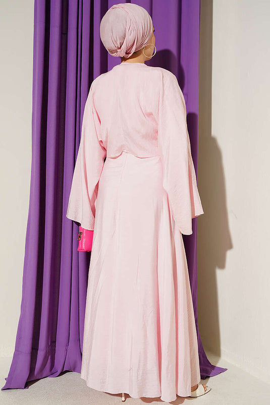 Önü Bağlamalı Gold Tokalı Elbise Pembe