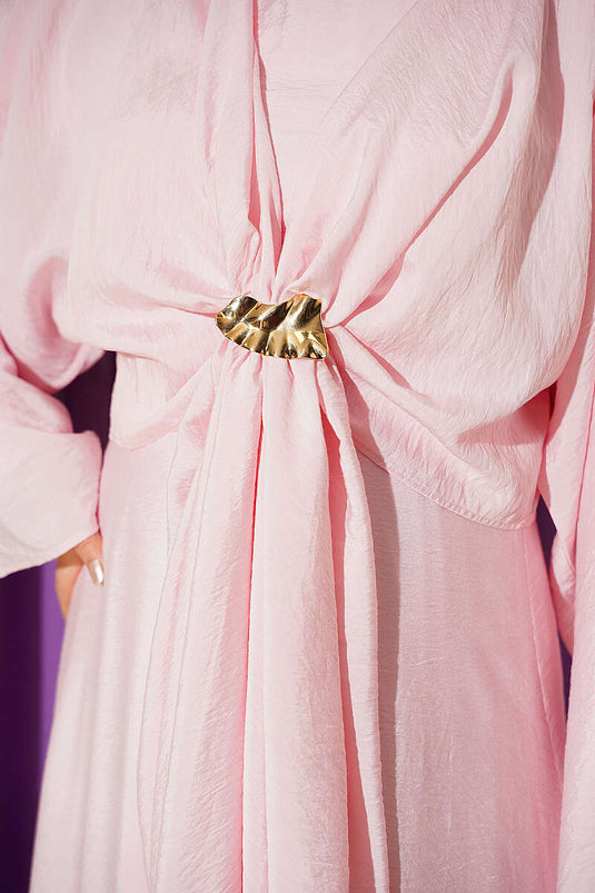 Önü Bağlamalı Gold Tokalı Elbise Pembe