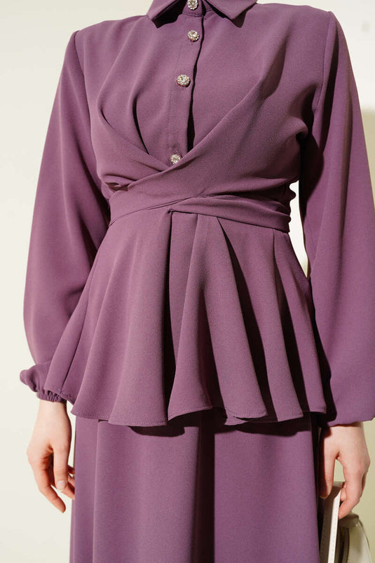 Ensemble deux pièces avec jupe et col chemise à nouer sur le devant, rose poudré