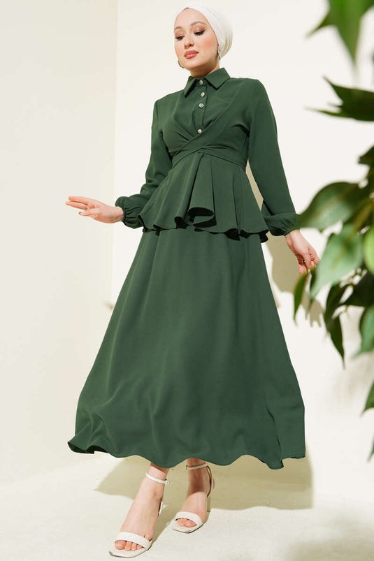 Önü Bağlamalı Gömlek Yaka Etekli İkili Takım Yeşil