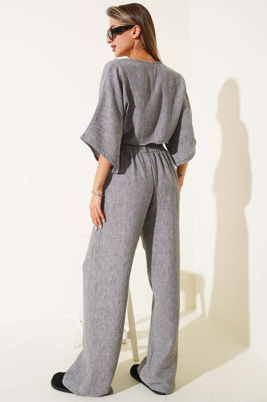 Zweiteiliges Set mit Bindeband vorne, Grau