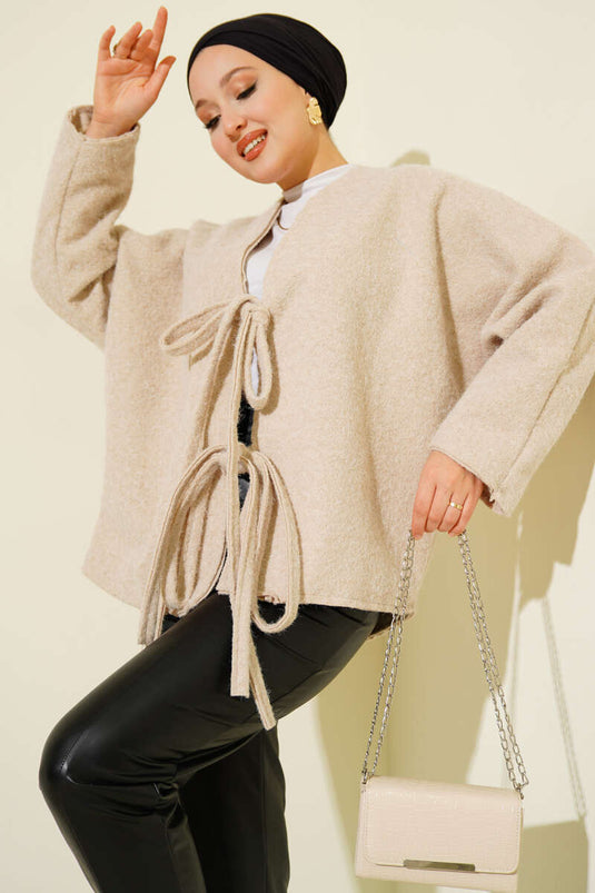 Önü Bağlamalı Kaşe Kimono Bej