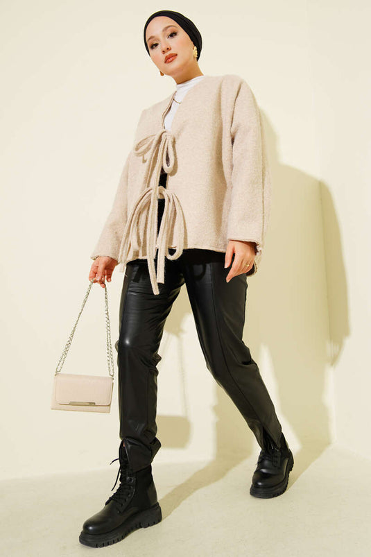 Önü Bağlamalı Kaşe Kimono Bej