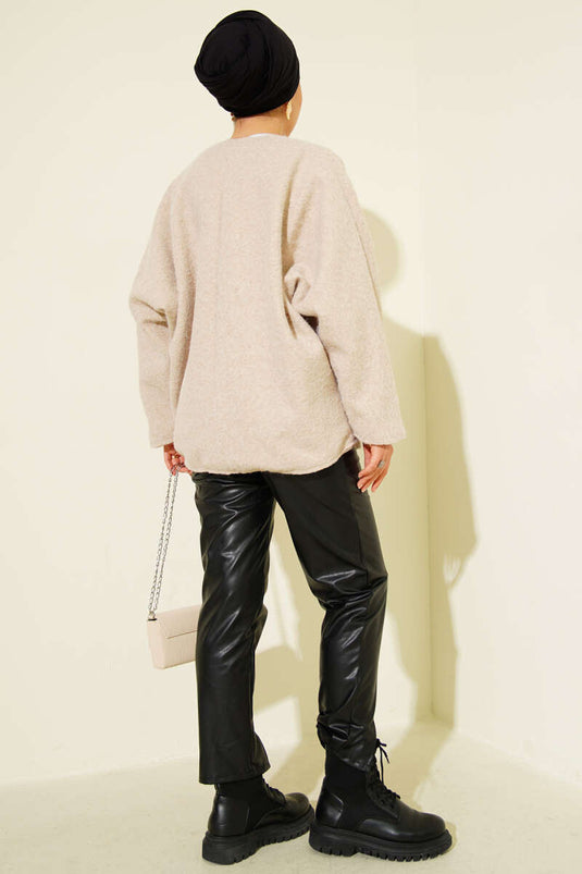 Önü Bağlamalı Kaşe Kimono Bej