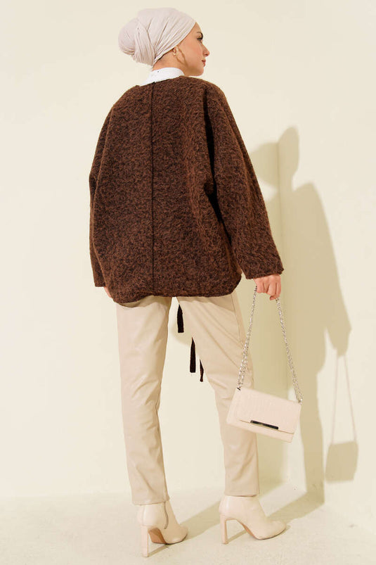 Önü Bağlamalı Kaşe Kimono Kahve