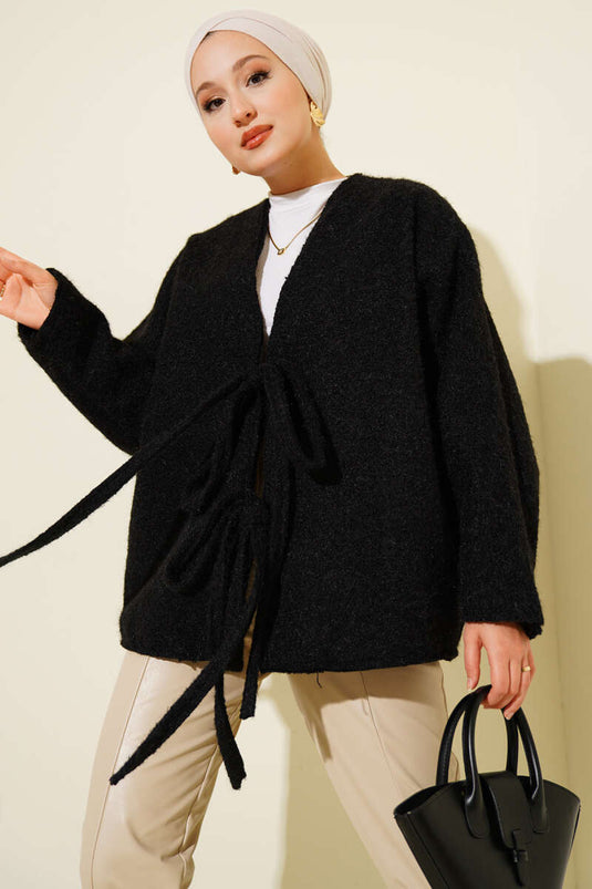 Önü Bağlamalı Kaşe Kimono Siyah