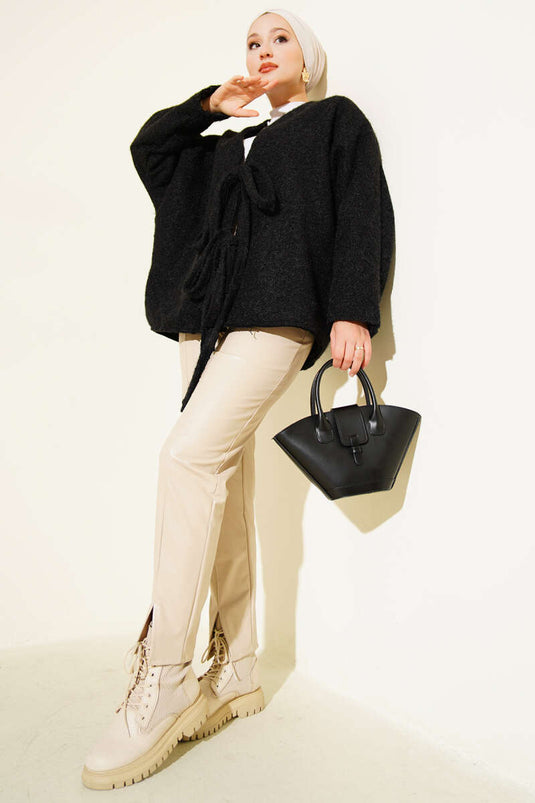 Önü Bağlamalı Kaşe Kimono Siyah