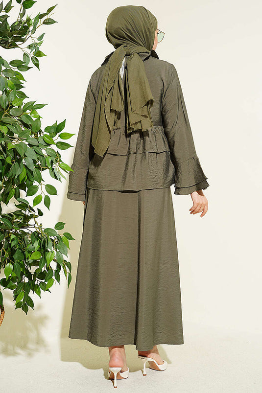 Set mit vorn zu bindendem, mehrlagigem, volanter Rock in Khaki