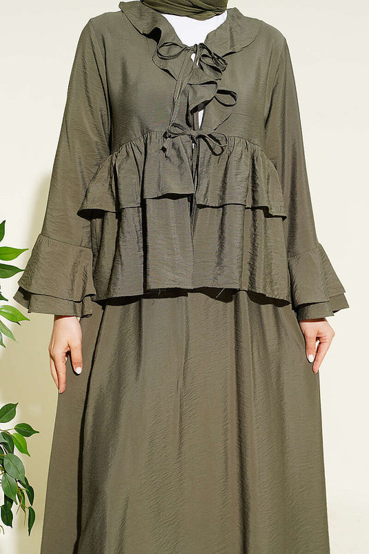 Set mit vorn zu bindendem, mehrlagigem, volanter Rock in Khaki