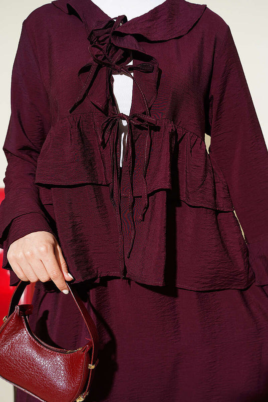 Ensemble jupe à volants superposés avec nouage devant, couleur prune