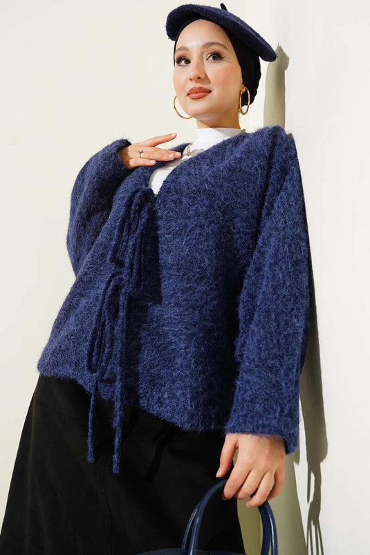 Tied Front Felt Short Jacket Navy Blue