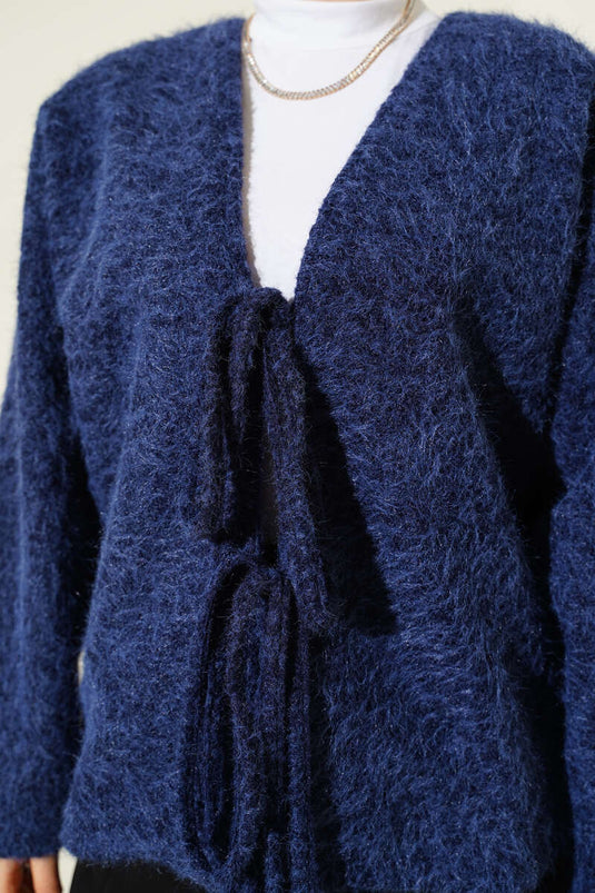 Tied Front Felt Short Jacket Navy Blue