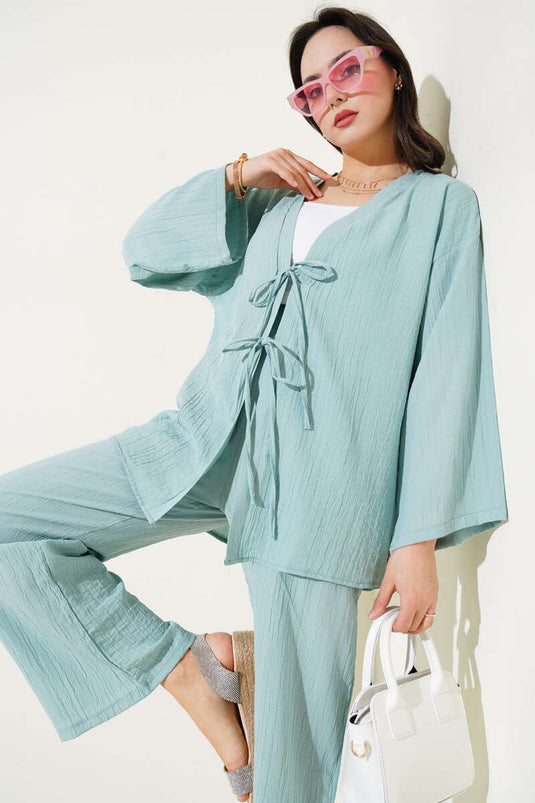 Front Tied Kimono Two-Piece Set Mint