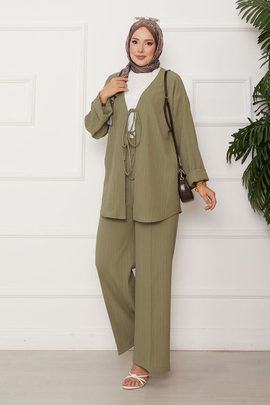 Tie Front Kimono Set Khaki