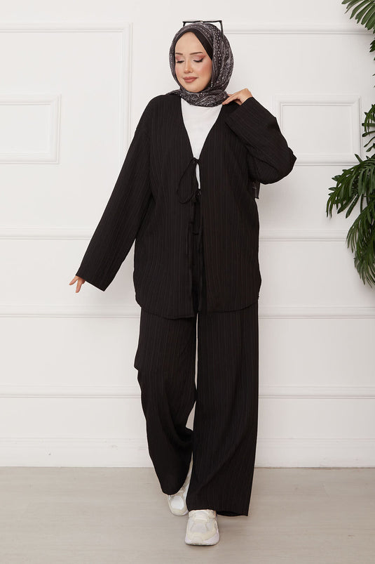 Tie Front Kimono Set Black