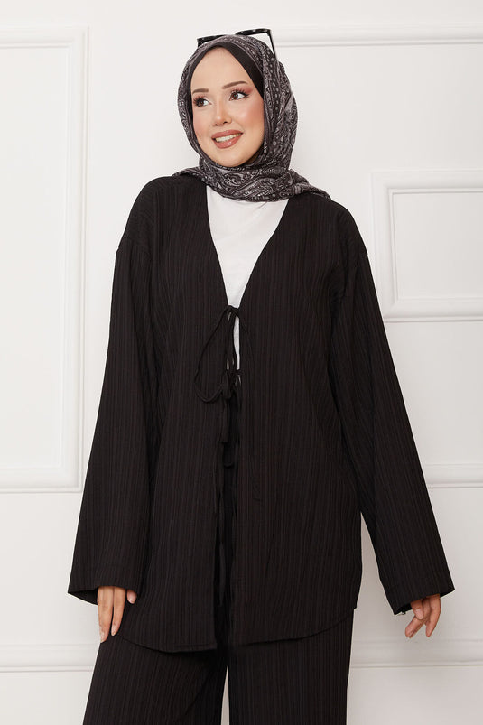 Önü Bağlamalı Kimono Takım Siyah
