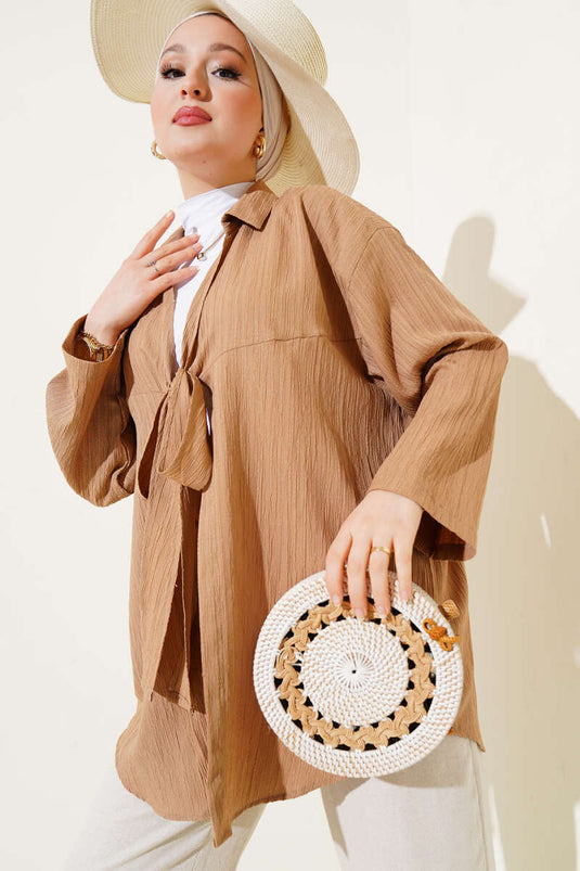 Tie Front Crinkle Kimono Camel