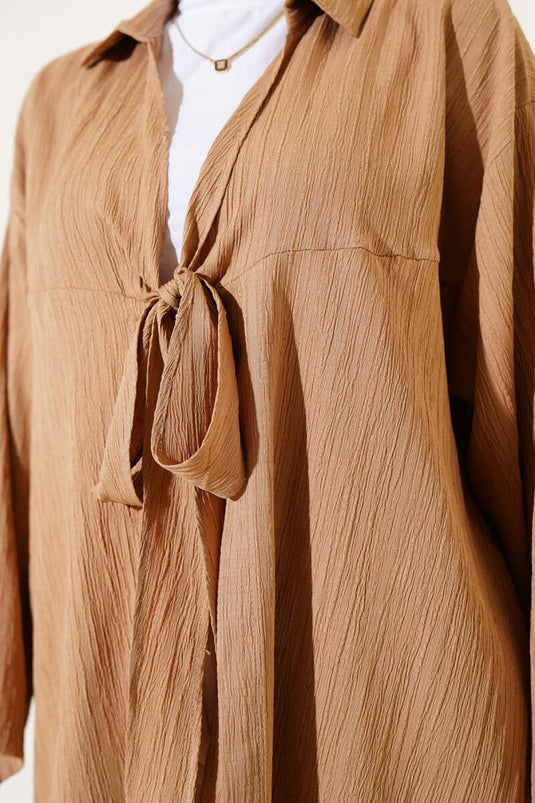 Tie Front Crinkle Kimono Camel