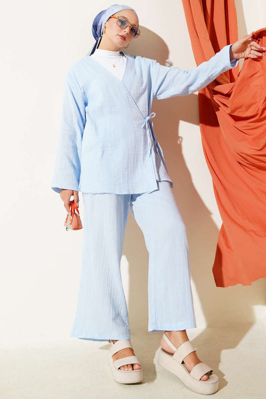 Önü Bağlamalı Müslin İkili Takım Mavi