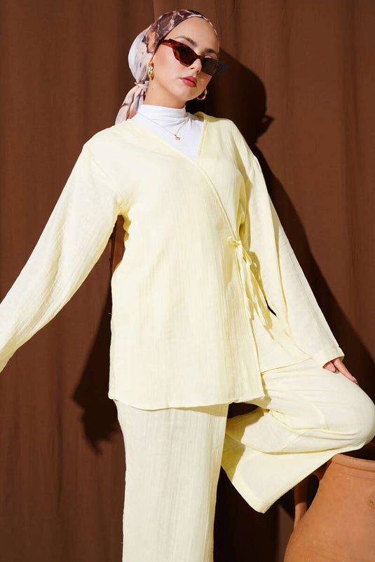 Tie Front Muslin Two Piece Set Yellow