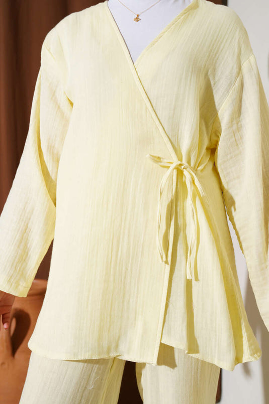 Tie Front Muslin Two Piece Set Yellow