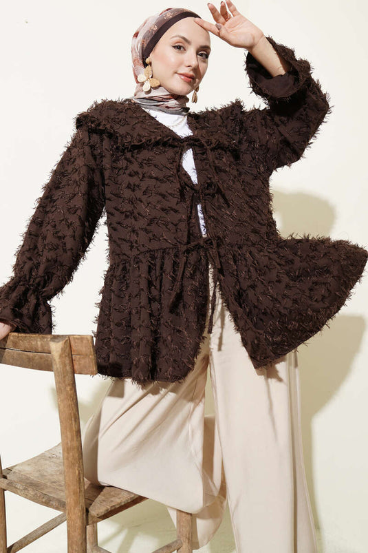 Kimono con nappine e chiusura frontale, colore caffè